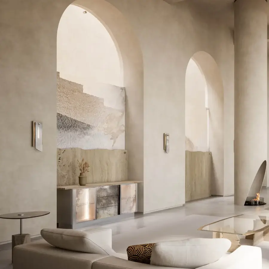 Distinguished Arte Veneziana Sabina wall lamp crafted with extra-clear baked glass and travertine marble in a dark matte finish