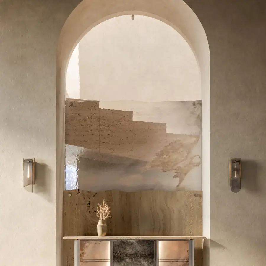 Captivating Arte Veneziana Sabina wall lamp crafted with satin-finish steel, travertine marble and muted bronze toned baked glass