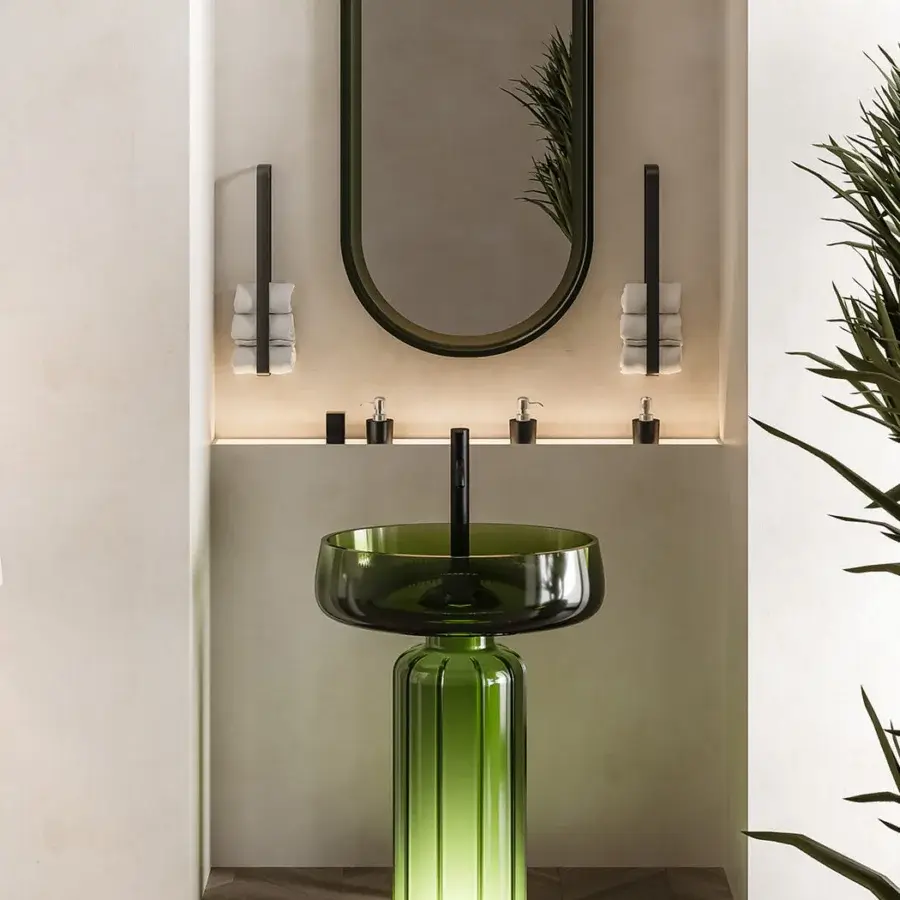 Distinguished Norah Design EYCN 01 sink crafted in vibrant green translucent Norahcrystal with glossy sheen