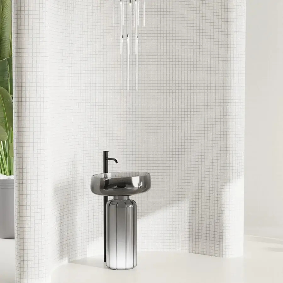 Captivating Norah Design EYCN 01 sink sculpted from translucent smoky gray Norahcrystal with a glossy finish