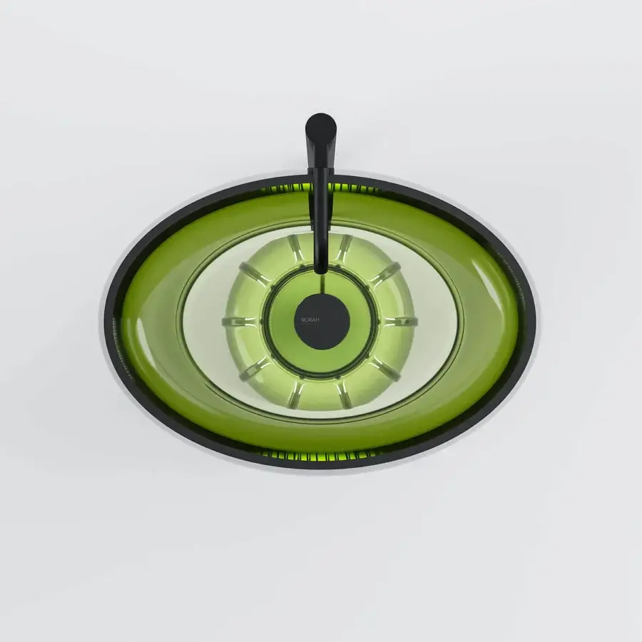 Superior Norah Design EYCN 01 sink sculpted in Norahcrystal with tiered glossy light green and matte dark green layers