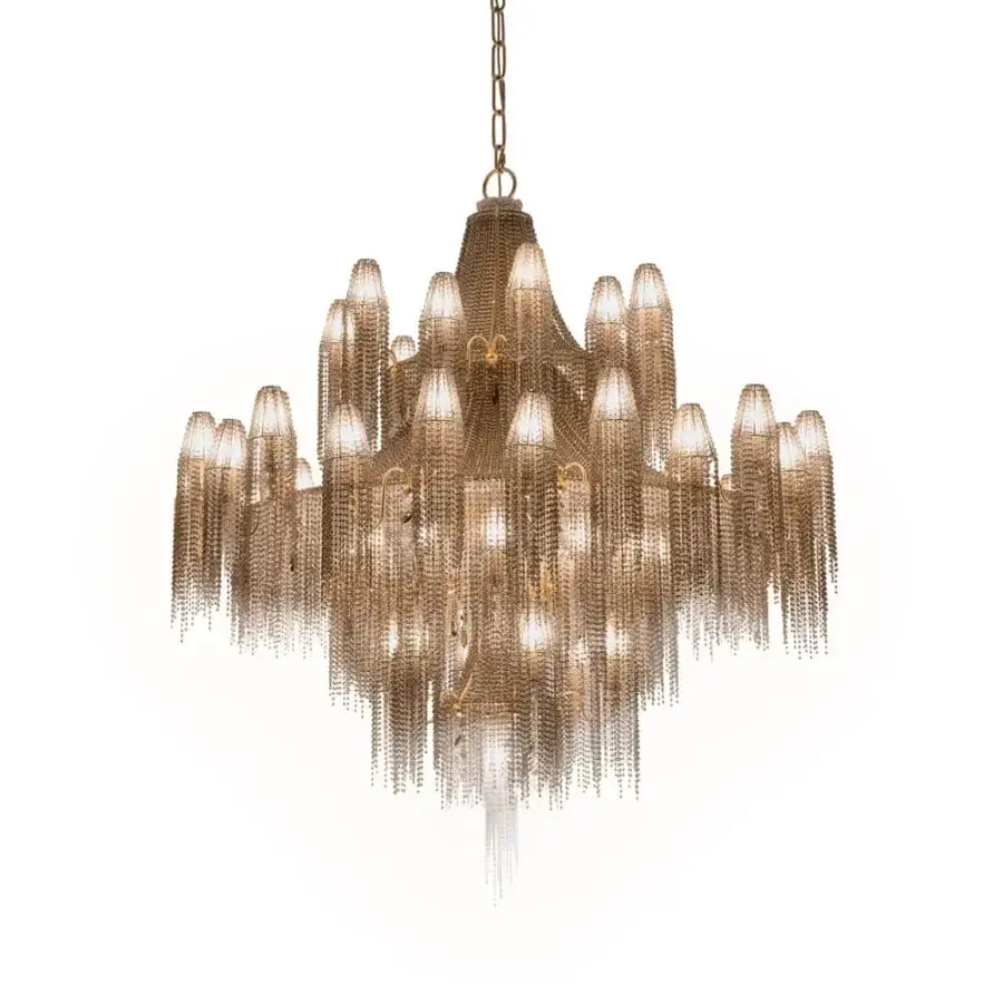 Exclusive Patrizia Garganti Burlesque EX XL chandelier with ornate curved lines in light-colored metal and textured chain finish