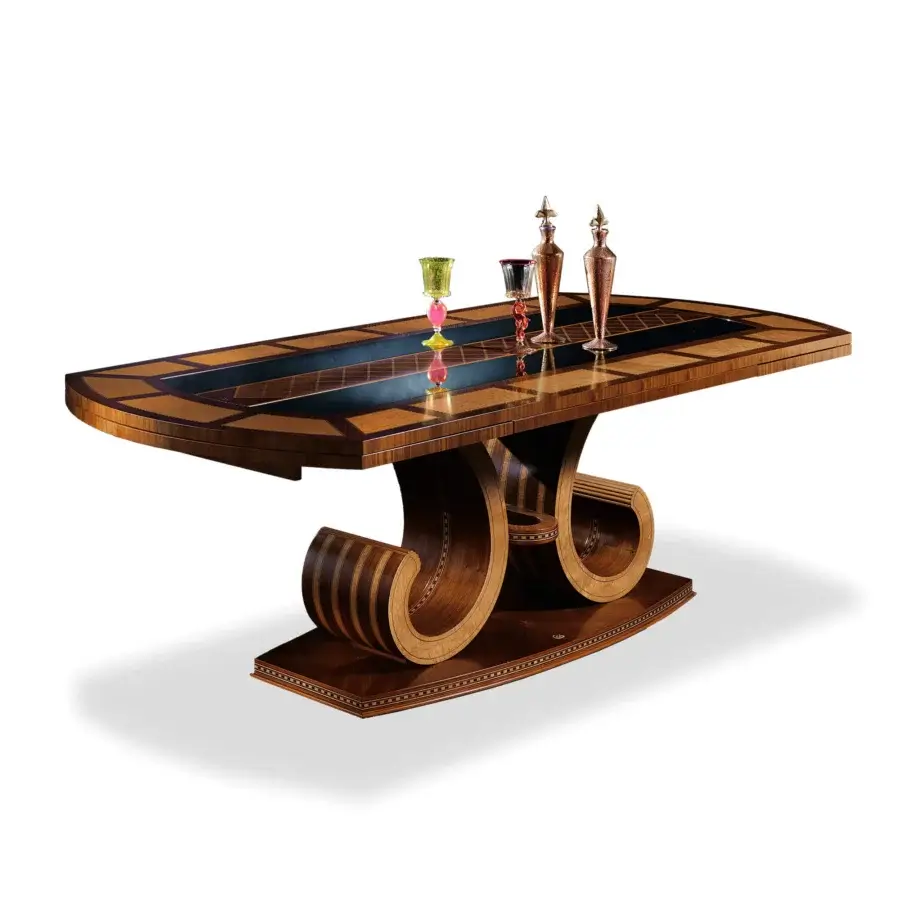 Remarkable Carpanelli Arts extendable table crafted in walnut and birdseye maple with glossy tabletop and satin finish base