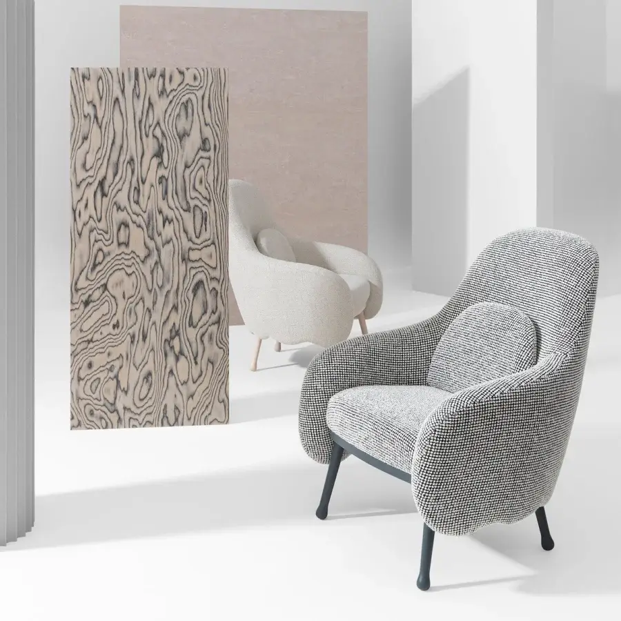Distinguished Billiani Corolla lounge chair with grayscale patterned textile upholstery and worked wood base with dark gray metal legs