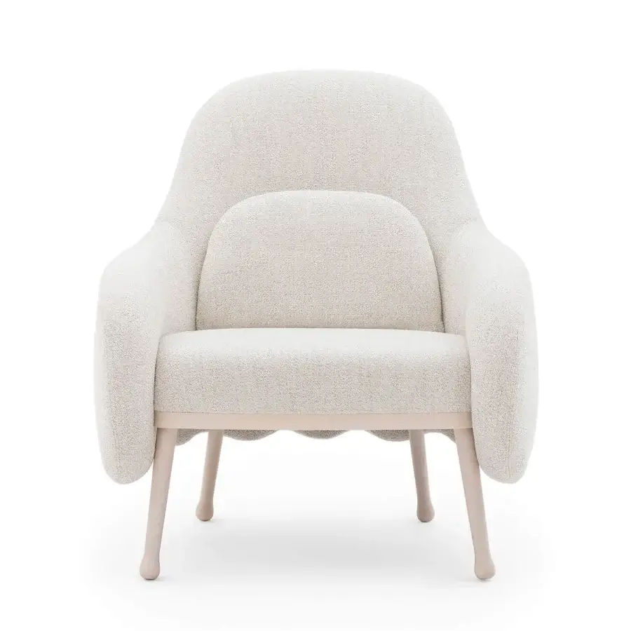 Exceptional Billiani Corolla lounge chair with enveloping form in textured off-white bouclé fabric and light-finished worked wood base