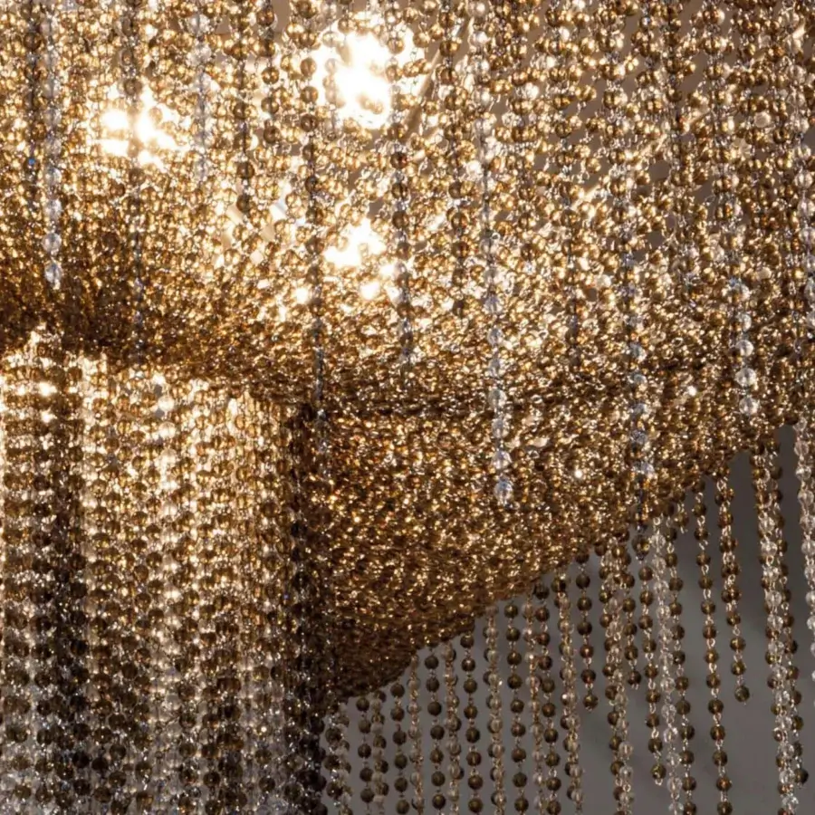 Exceptional Patrizia Garganti Burlesque EX ceiling lamp crafted with cascading pearl strands in golden-beige hues