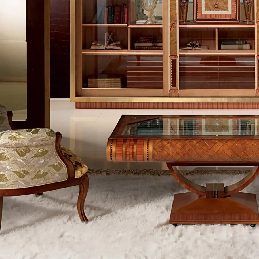 Superior Carpanelli Libro coffee table crafted in warm brown briarwood and rosewood with glossy inlaid detailing