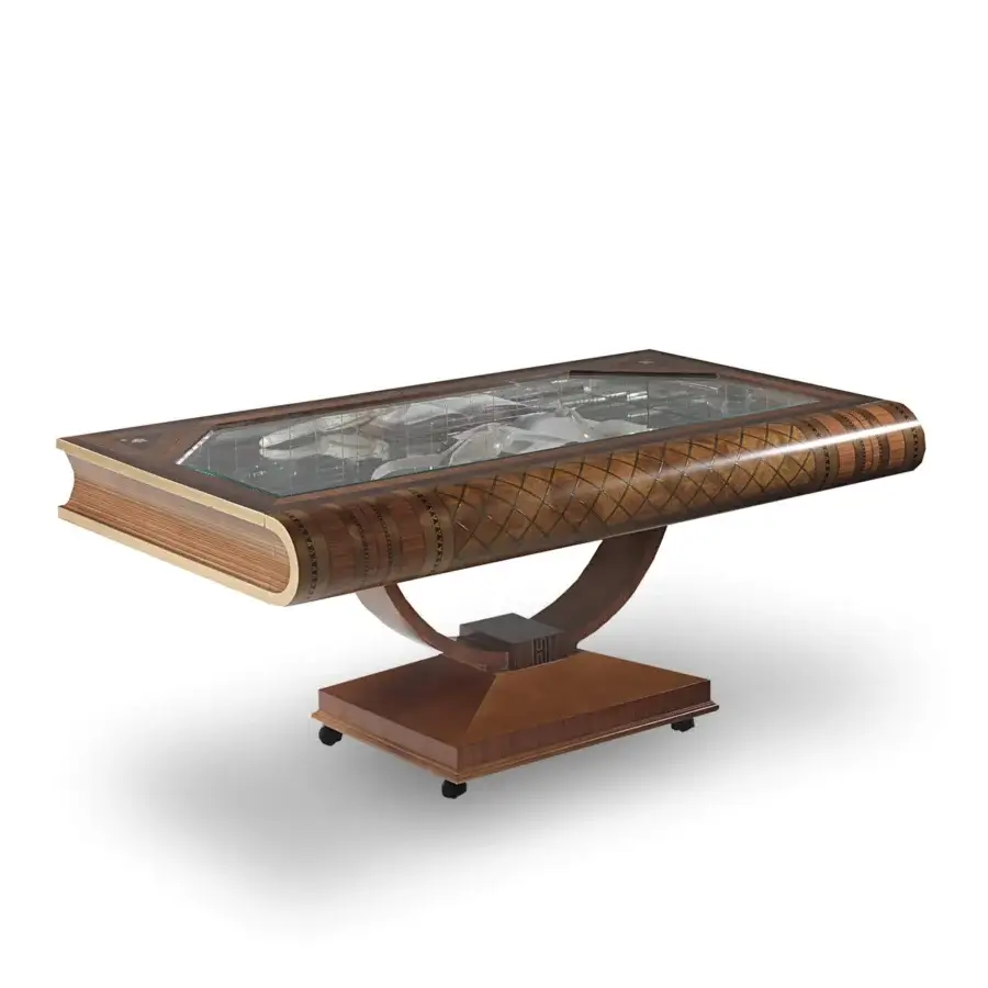 Elegant Carpanelli Libro coffee table crafted in warm brown briarwood and rosewood with glossy finish and intricate marquetry detailing