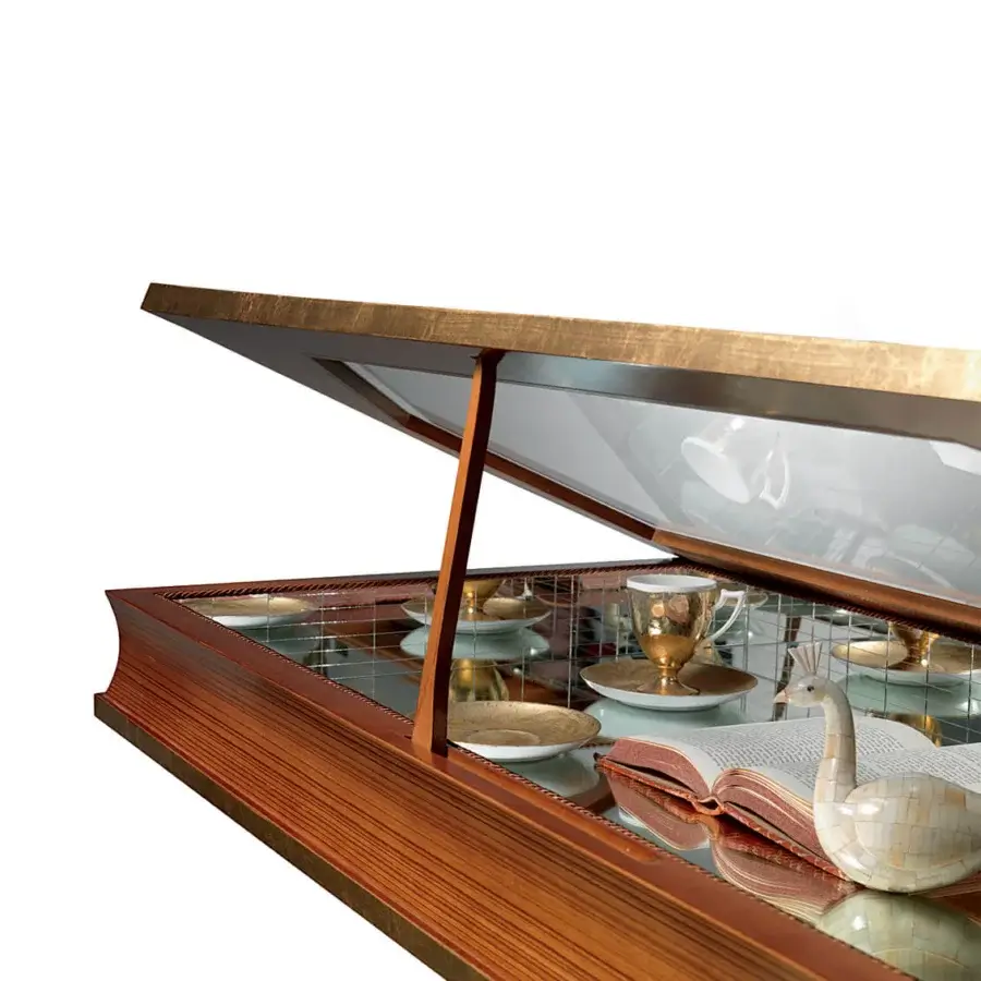 Distinguished Carpanelli Libro coffee table crafted in warm brown briarwood and rosewood with inlaid detailing and a mirrored interior