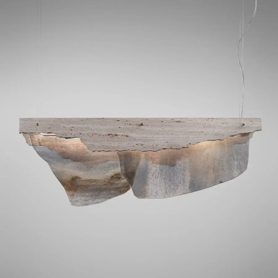Distinguished Arte Veneziana Romano suspension lamp with extra-clear glass panels baked and decorated with mixed Fondale finishes alongside travertine marble