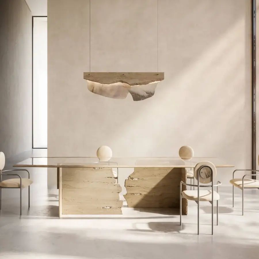 Superior Arte Veneziana Romano suspension lamp with extra-clear glass panels and warm beige travertine marble structure crafted with satin-steel fasteners