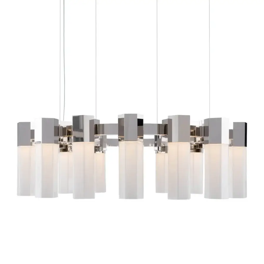 Elegant Patrizia Garganti Chaos Orb chandelier crafted in satin metal with translucent white glass cylinders emitting warm white light