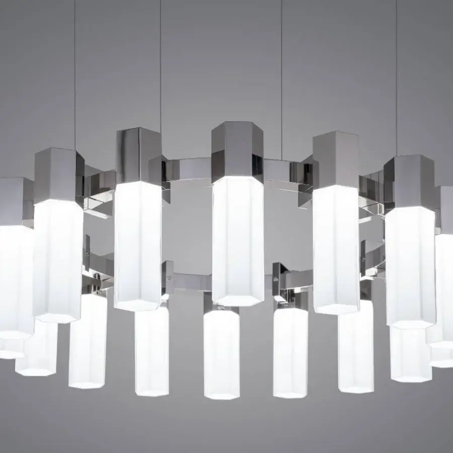Distinguished Patrizia Garganti Chaos Orb chandelier crafted in polished metal with translucent cylindrical diffusers emitting warm white light