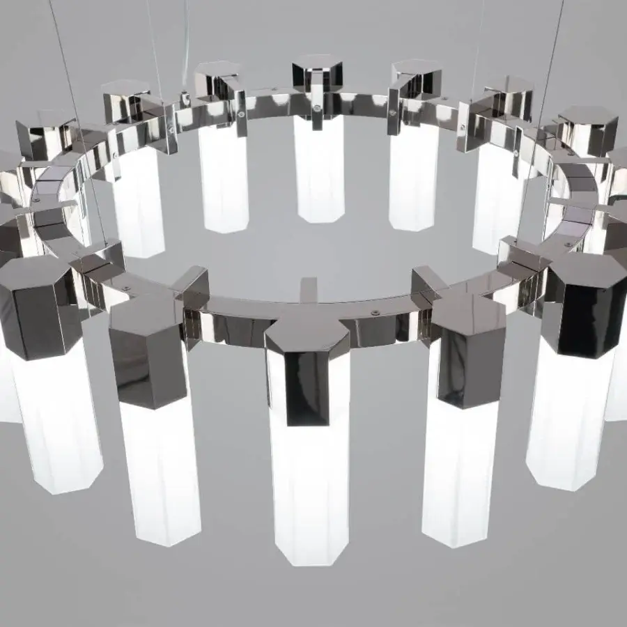 Exceptional Patrizia Garganti Chaos Orb chandelier crafted in polished metal with translucent white components