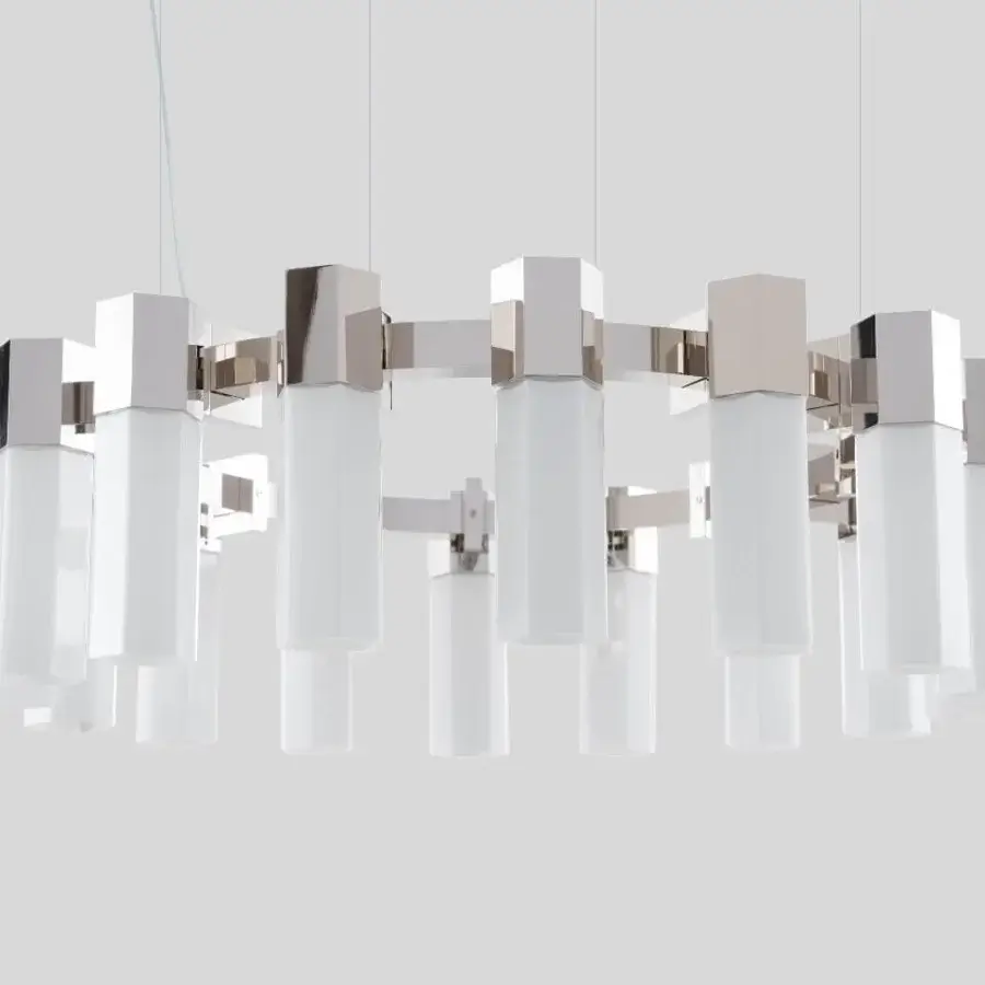 Superior Patrizia Garganti Chaos Orb chandelier built in polished silver metal with frosted cylindrical shades