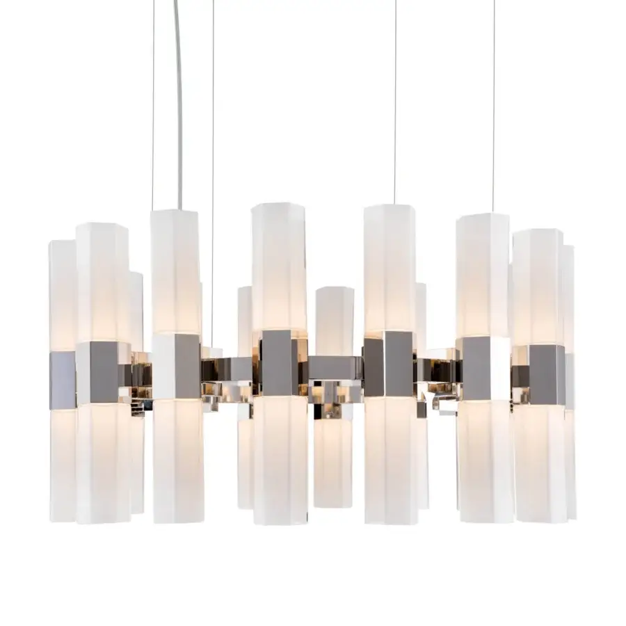 Distinctive Patrizia Garganti Chaos Orb chandelier crafted in polished metal with frosted glass and a silver white palette