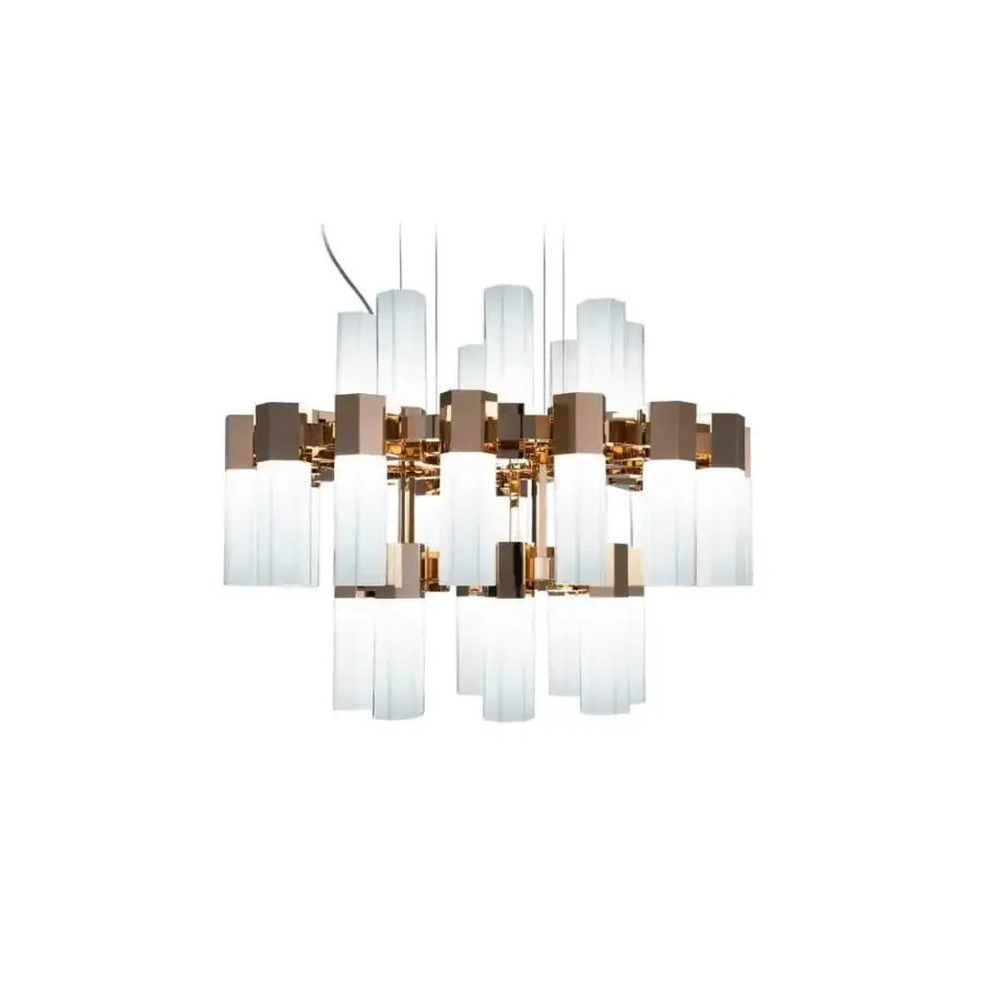 Superior Patrizia Garganti Chaos Orb chandelier built with warm gold-toned metal and clear frosted glass for captivating ambient lighting