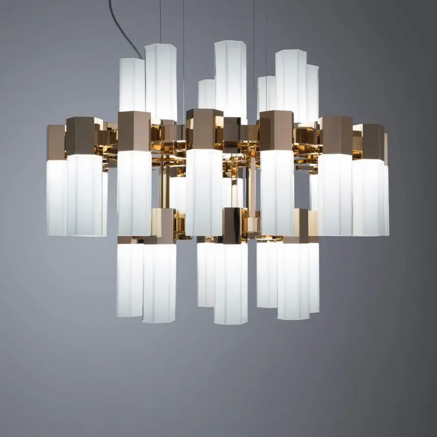 Exclusive Patrizia Garganti Chaos Orb chandelier crafted in brushed gold metal with translucent shades emitting a warm white glow