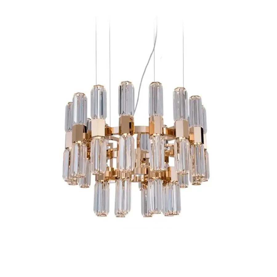 Elegant Patrizia Garganti Chaos Orb chandelier crafted in glossy gold-toned metal and clear glass for a harmonious balanced design