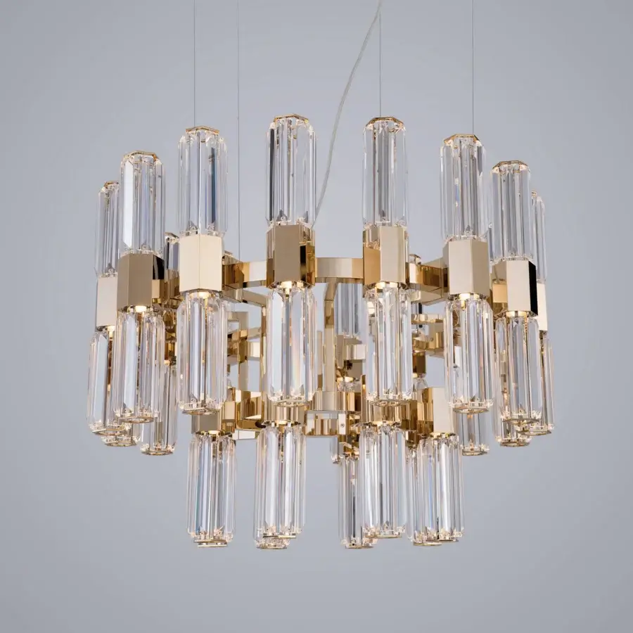 Distinguished Patrizia Garganti Chaos Orb chandelier crafted in glossy golden metal with clear glass and integrated warm white lighting