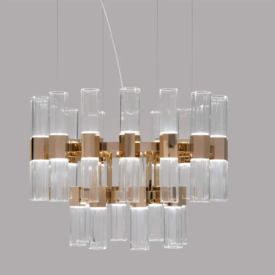 Elegant Patrizia Garganti Chaos Orb chandelier crafted in clear faceted glass and polished golden metal