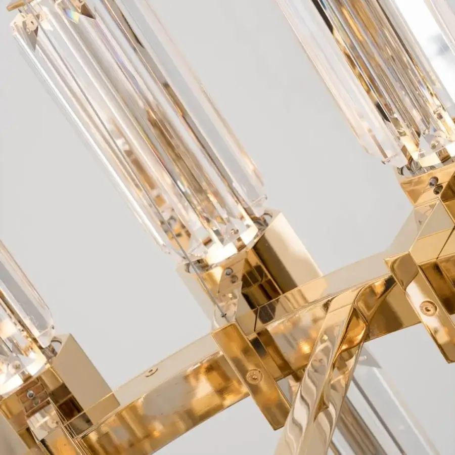 Exceptional Patrizia Garganti Chaos Orb chandelier built in glossy golden-toned metal with cylindrical glass elements