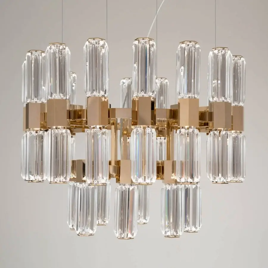 Superior Patrizia Garganti Chaos Orb chandelier built in warm gold-toned metal with clear glass and a balanced modular arrangement