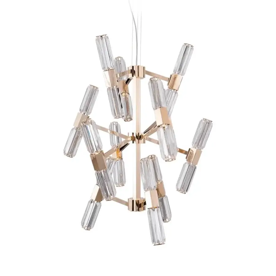 Distinguished Patrizia Garganti Chaos chandelier with angular framework, clear glass prisms and radiant gold finish