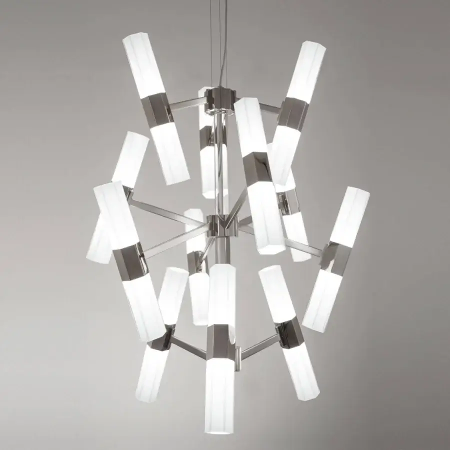 Avant-garde Patrizia Garganti Chaos chandelier built with polished metal and frosted glass diffusers exhibiting a silver-toned aesthetic