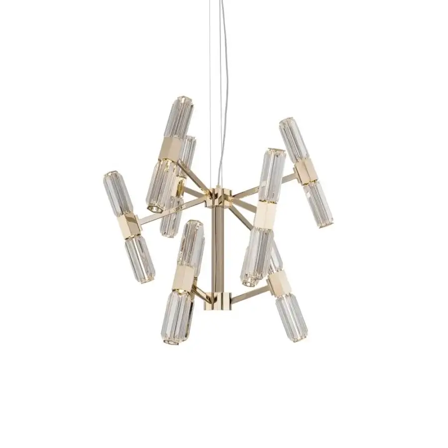 Distinguished Patrizia Garganti Chaos chandelier crafted in metal with glossy golden finish and clear glass cylinders exhibiting radial symmetry