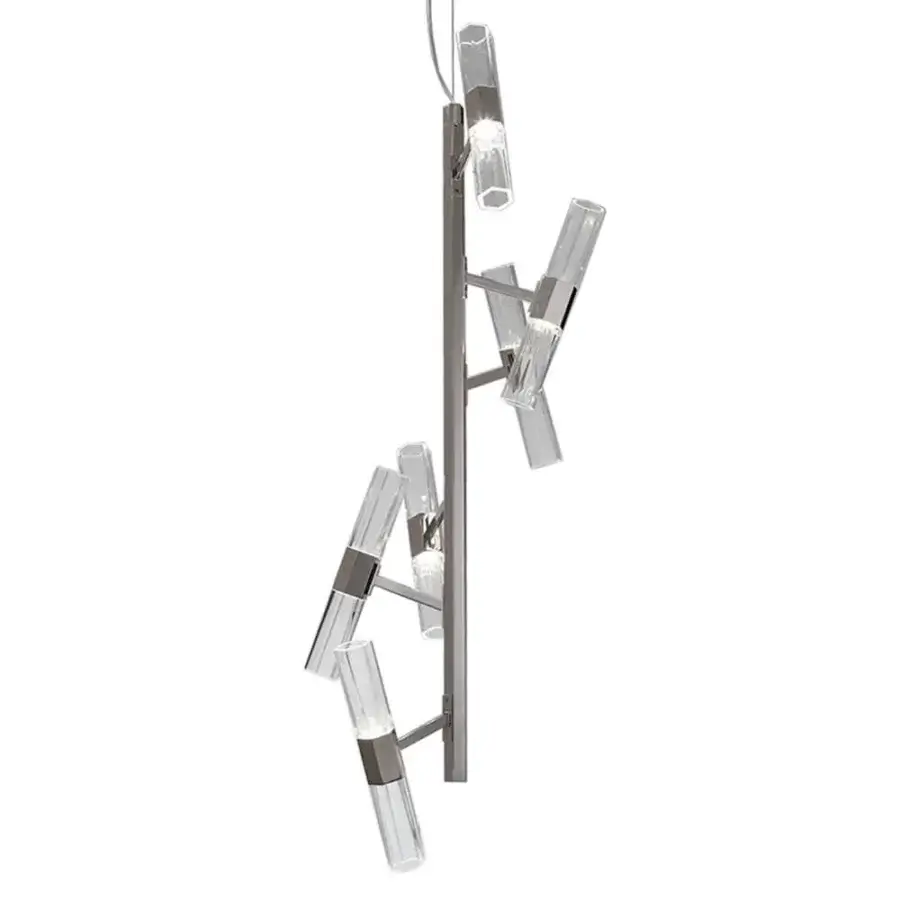 Avant-garde Patrizia Garganti Chaos 03 chandelier built in brushed metal and clear glass with architectural lines