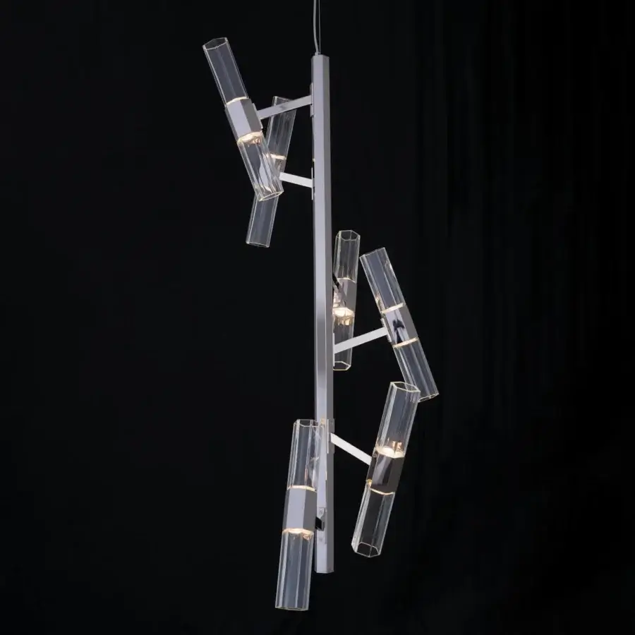 Superior Patrizia Garganti Chaos 03 chandelier crafted in polished metal with clear glass cylinders and silver finish