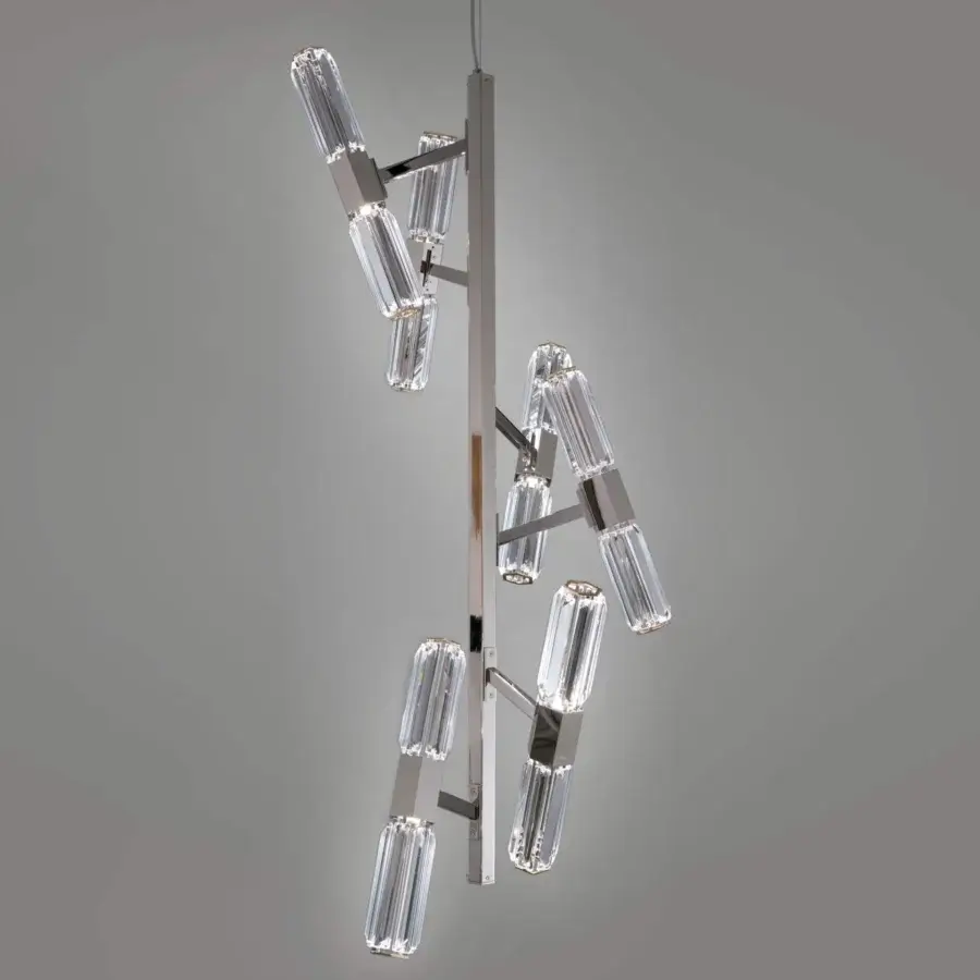 Distinguished Patrizia Garganti Chaos 03 chandelier crafted in polished metal with clear glass creating a minimalist architectural form