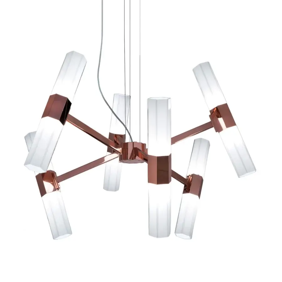 Architectural Patrizia Garganti Chaos chandelier with radiant rose-gold metal and translucent glass tubes exhibiting balanced radial symmetry