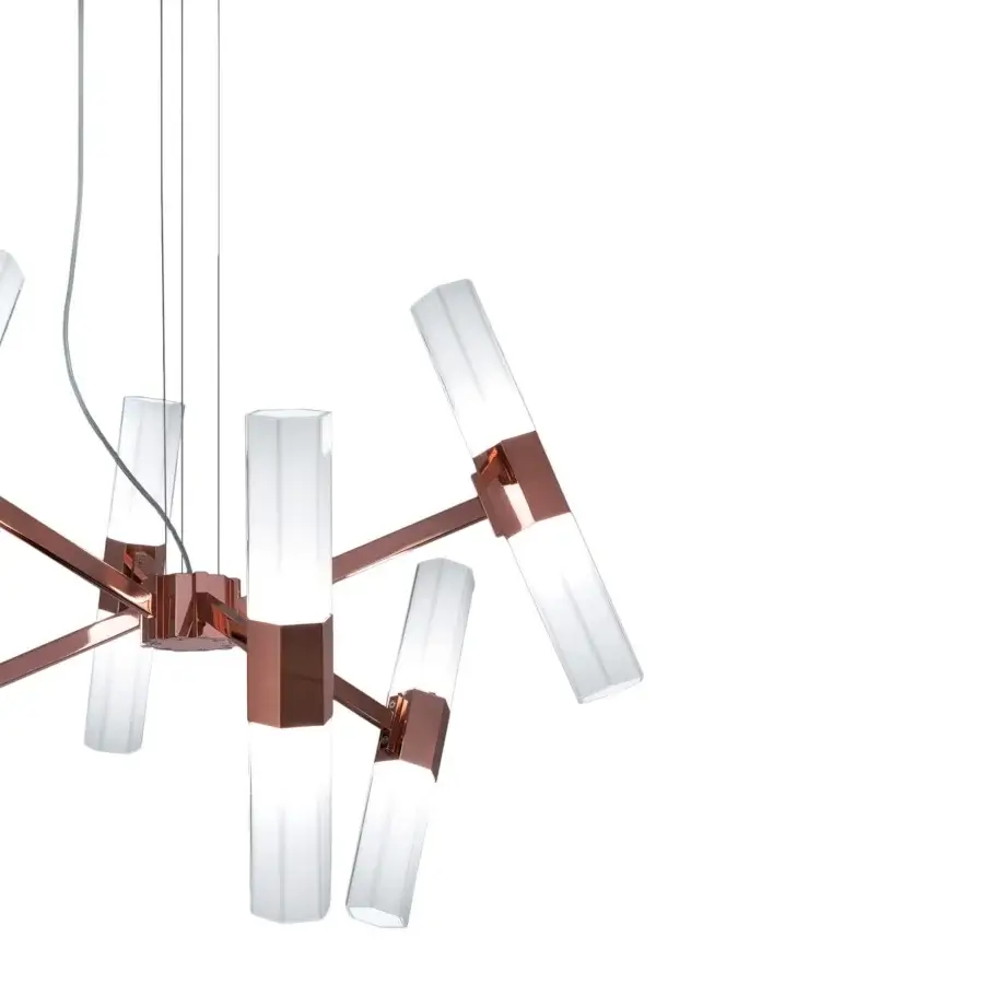 Distinguished Patrizia Garganti Chaos chandelier with a rose-gold satin metal frame and translucent diffusers illuminating integrated cob lights