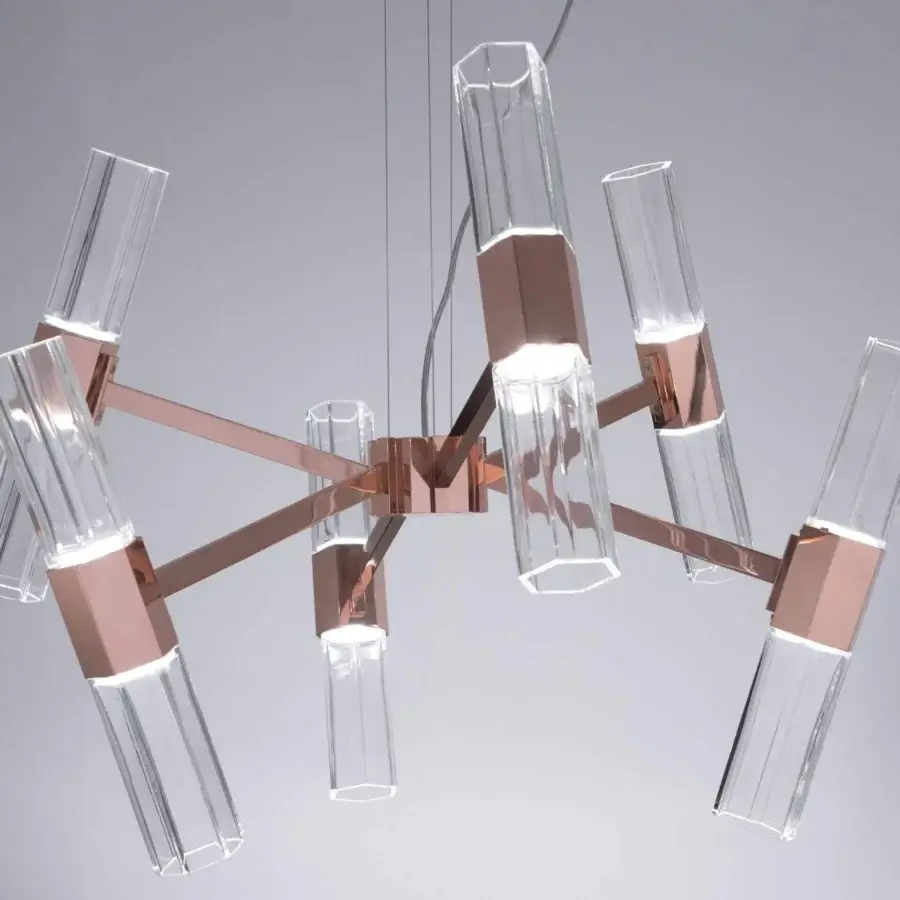 Exceptional Patrizia Garganti Chaos chandelier crafted in metal with a satin rose-gold tone and clear glass cylinders