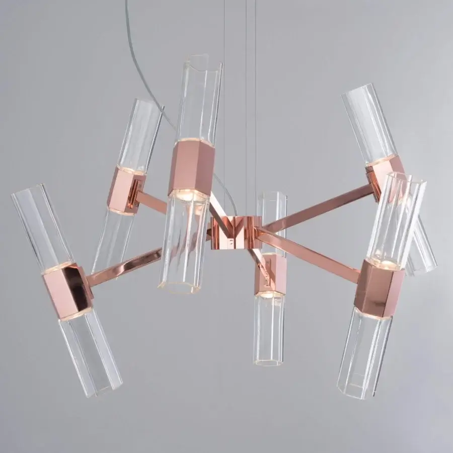 Captivating Patrizia Garganti Chaos chandelier built in metal with a satin rose-gold finish and clear glass cylinders