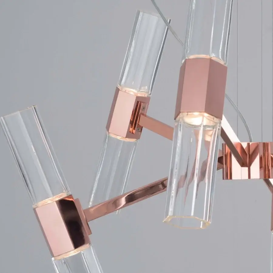 Superior Patrizia Garganti Chaos chandelier built in metal with clear glass tubes and radiant rose-gold finish