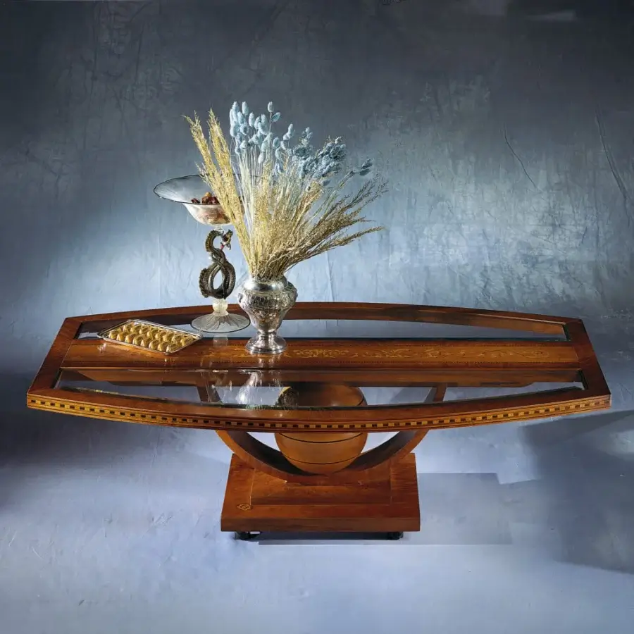 Exquisite Carpanelli I Rosoni coffee table crafted with solid wood, walnut band, and inlaid “lace” motifs in a glossy medium-brown finish