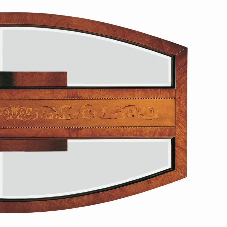 Exceptional Carpanelli I Rosoni coffee table crafted in solid wood with walnut banding and exotic wood inlay, finished with a glossy reddish-brown tone