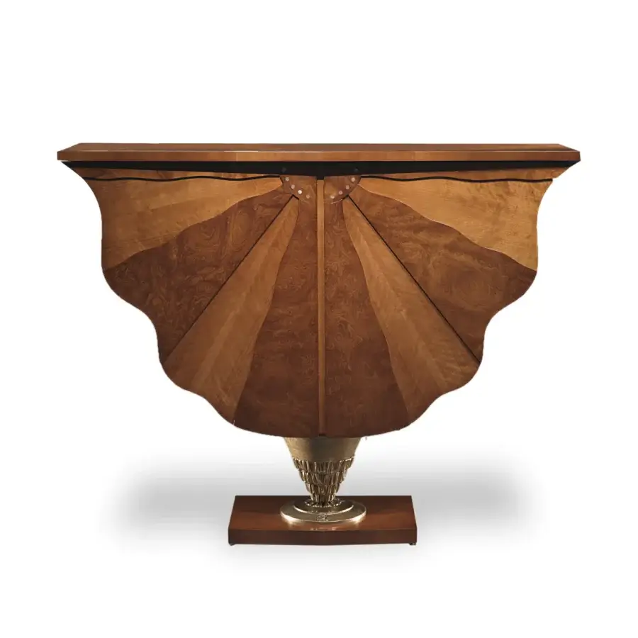 Elegant Carpanelli Ali Di Farfalla console crafted in wood with warm medium-brown finish and gracefully curved form
