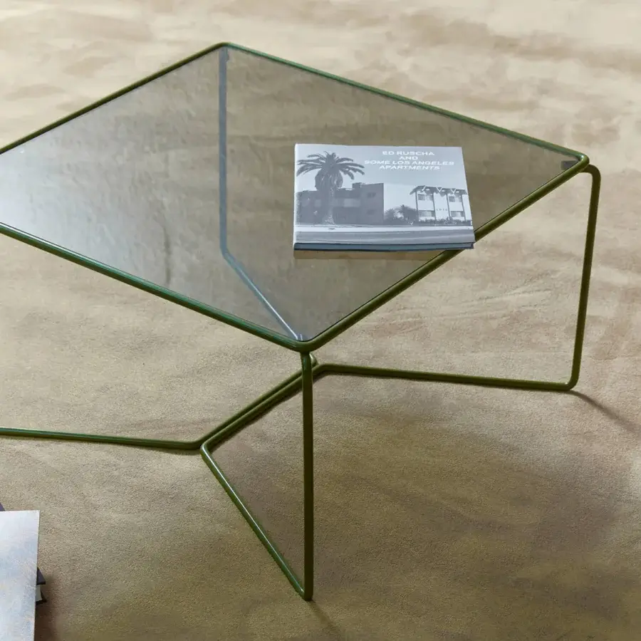 Superior Billiani Marcel coffee table with star silhouette and muted olive green matte glass insert crafted in Italy