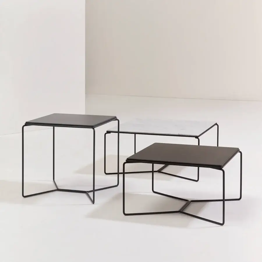 Elegant Billiani Marcel coffee table with a matte black metal frame and marble-like patterned glass tabletop crafted in Italy