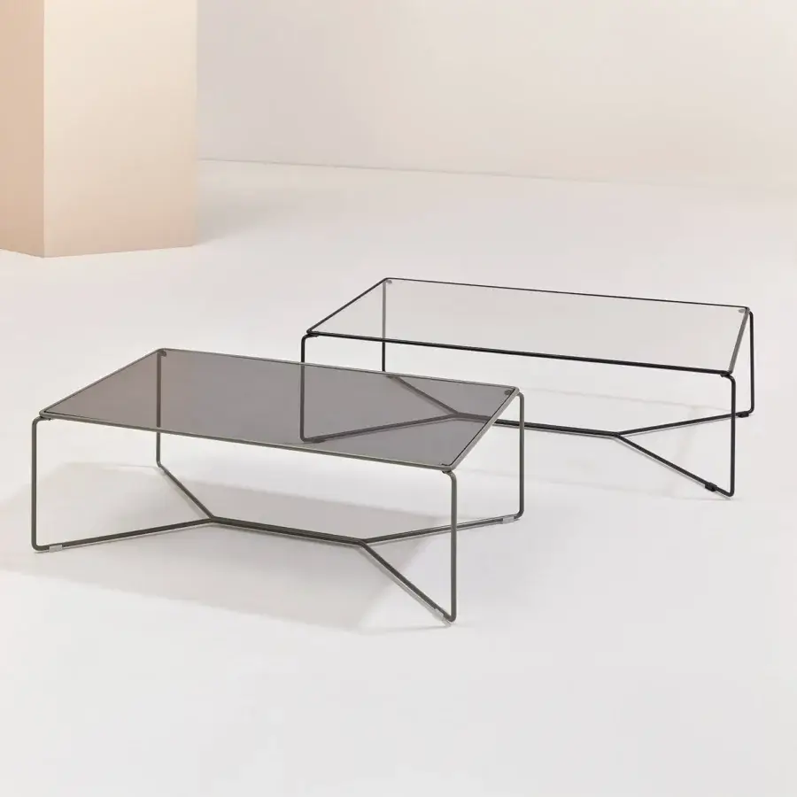 Exceptional Billiani Marcel coffee table with a slender matte black metal frame and smoky grey glass surface