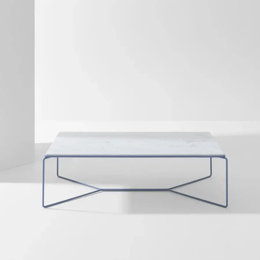 Distinguished Billiani Marcel coffee table with white marble and satin blue bent metal rod base crafted in Italy