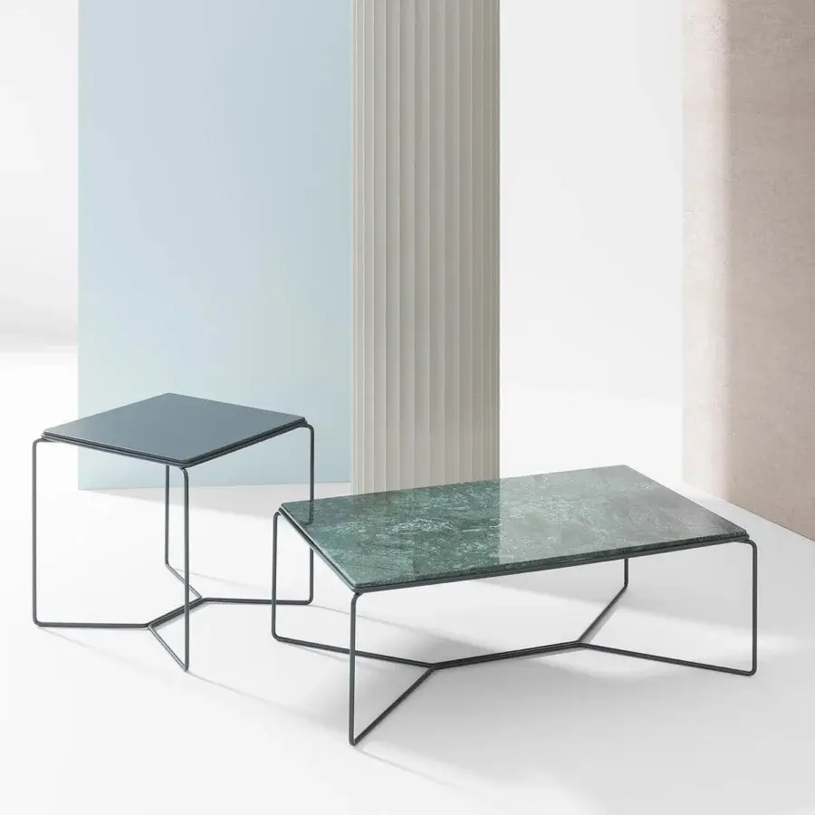 Superior Billiani Marcel coffee table with mottled green and grey stone tabletop and intersecting grey metal base crafted in Italy