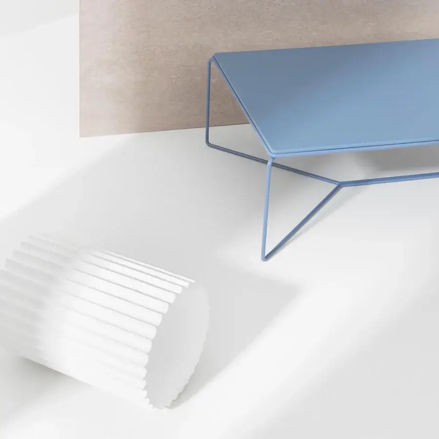 Refined Billiani Marcel coffee table with muted blue matte metal and clear glass uniting sleek geometry crafted in Italy