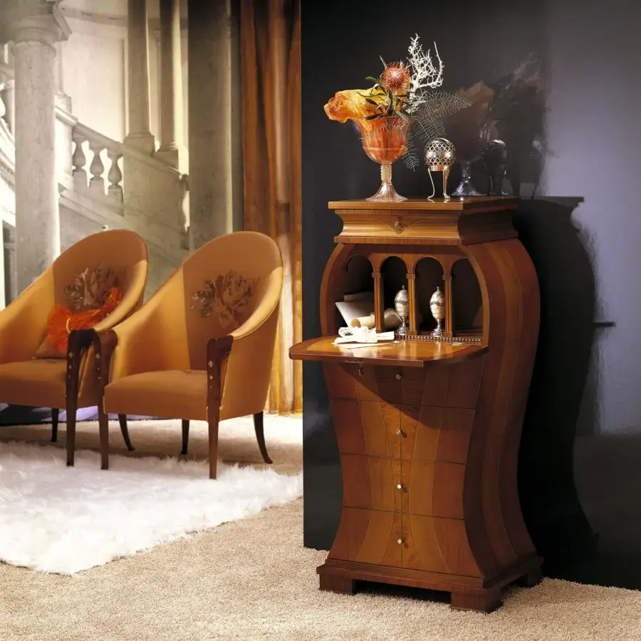 Superior Carpanelli Iris chest of drawers crafted in cherrywood, zebrano wood, and briar with luminous mother-of-pearl inlay and glossy finish