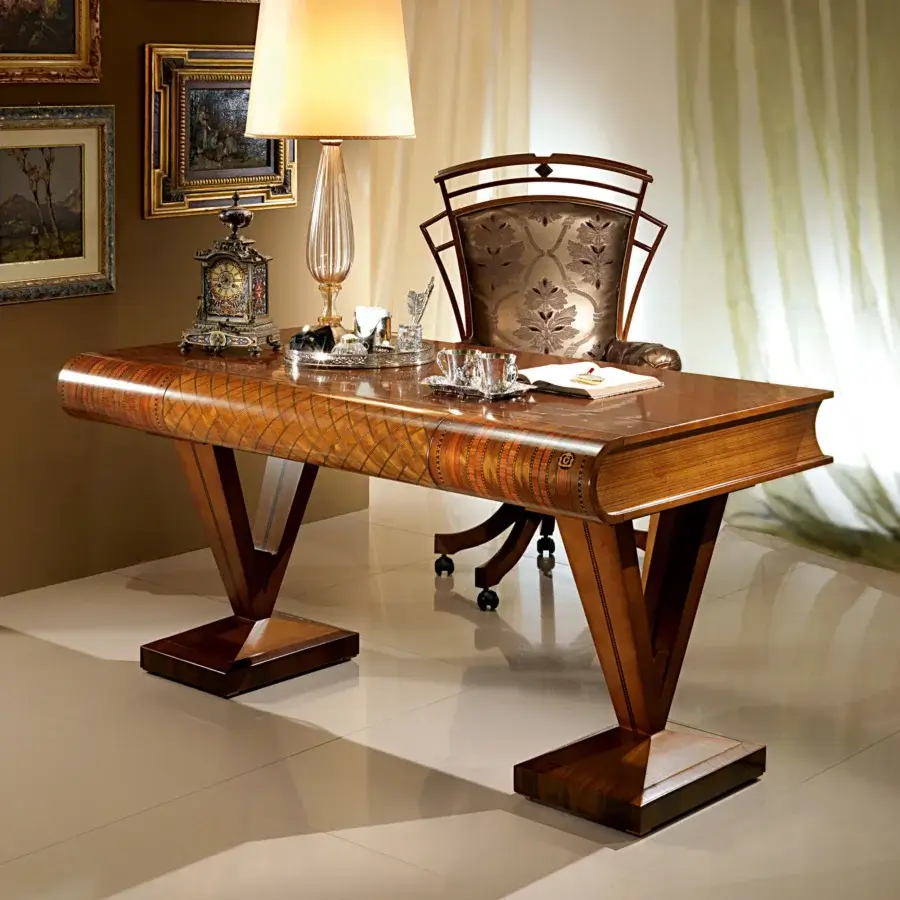 Distinguished Carpanelli Libro desk crafted in solid wood with briarwood and rosewood filleting, exhibiting a glossy warm brown finish with mother of pearl inlays