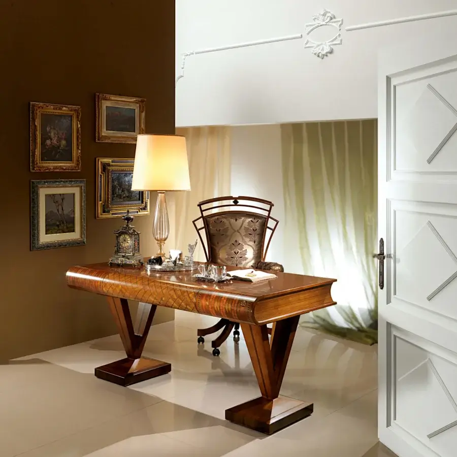 Exclusive Carpanelli Libro desk crafted in solid wood with precious briarwood and rosewood filleting, exhibiting a glossy warm brown finish